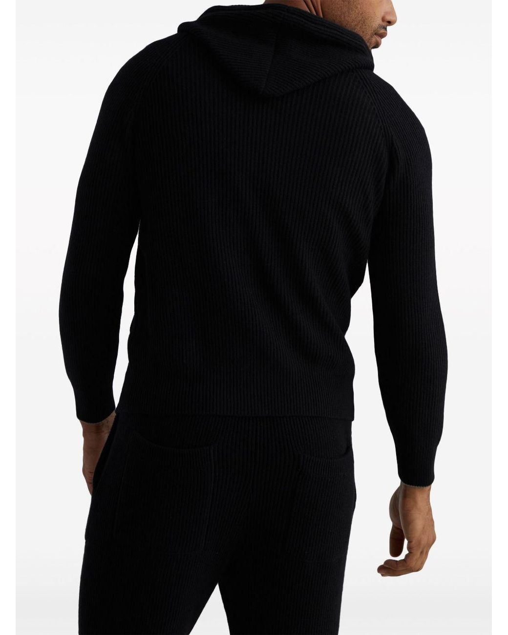 Brunello Cucinelli Blue Logo Embroidered Zipped English Rib Knit Hooded Sweatshirt for men