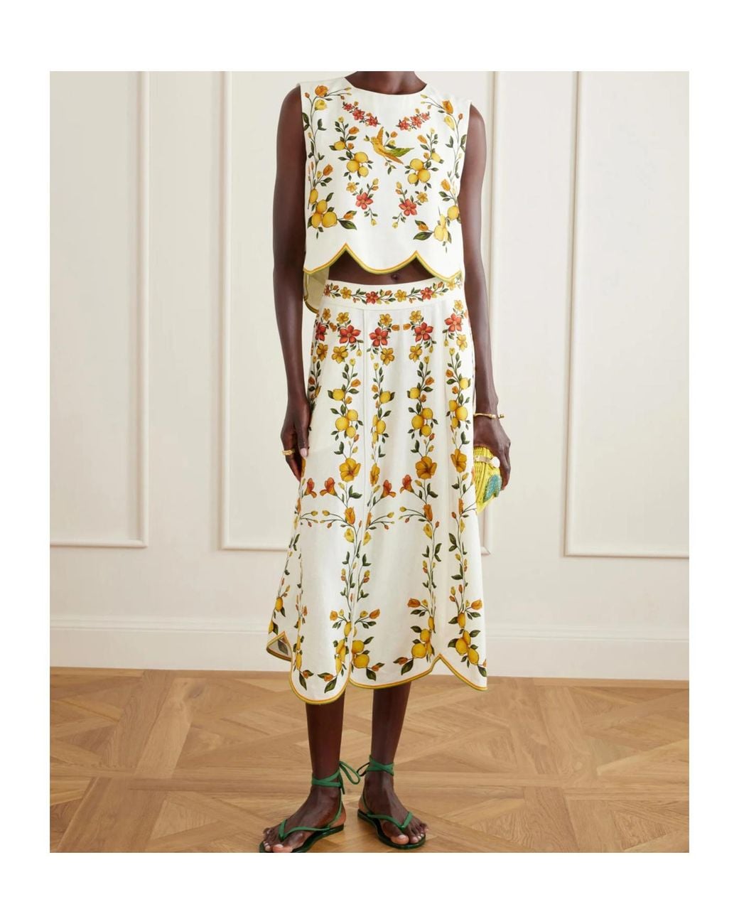 Farm Rio Metallic Lemon Bouquet Pattern Midi Skirt