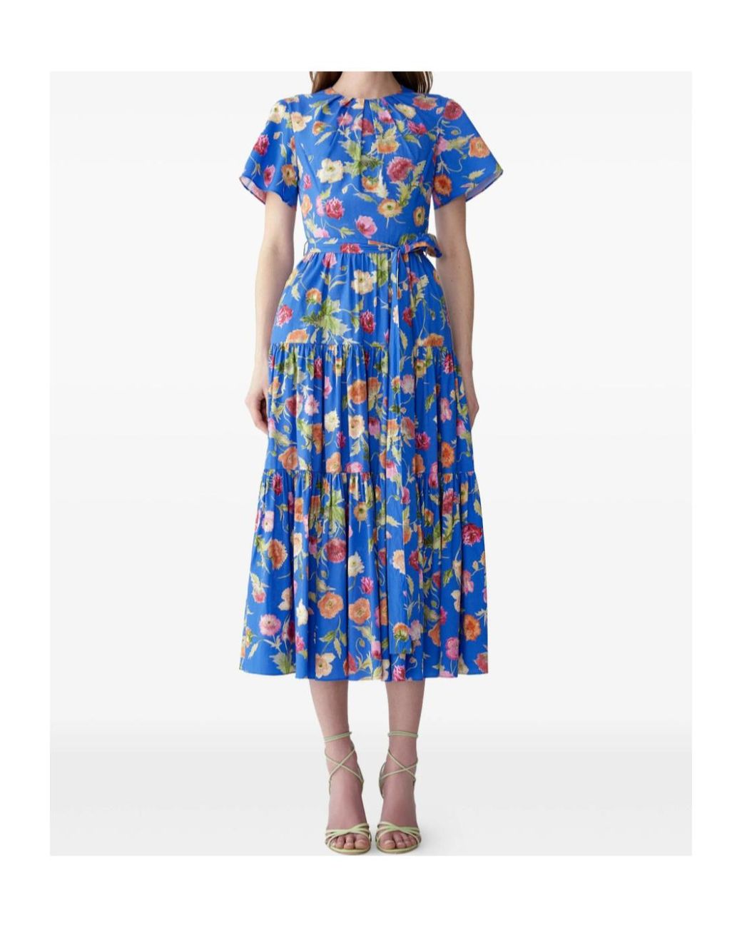 Carolina Herrera Blue Poppy-Print Tiered Midi Dress With Sash