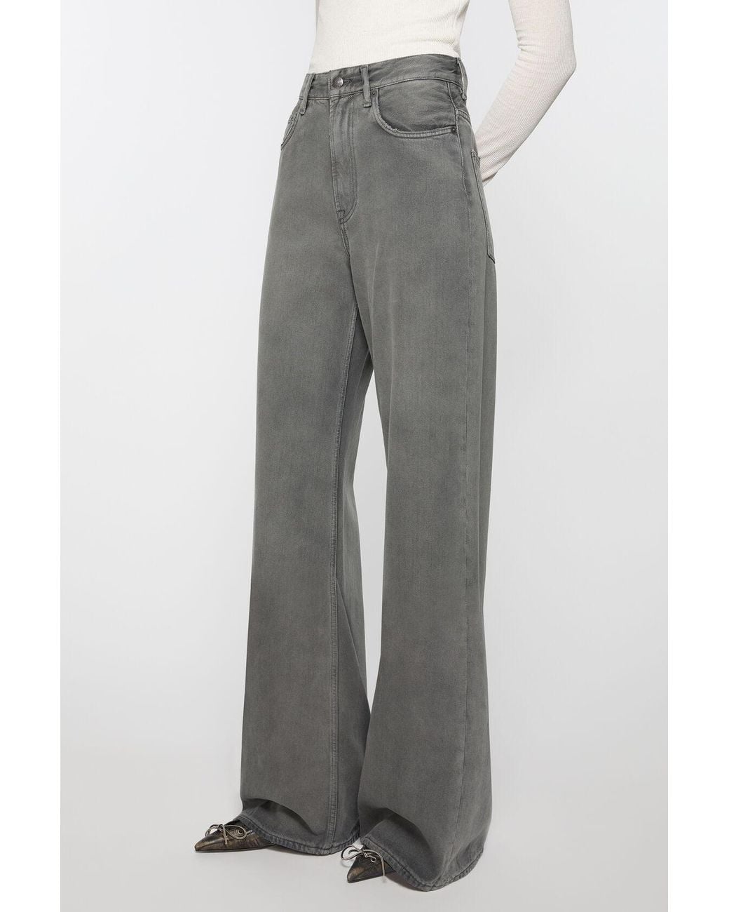 Acne Gray Logo Patch Wide-Leg Jeans