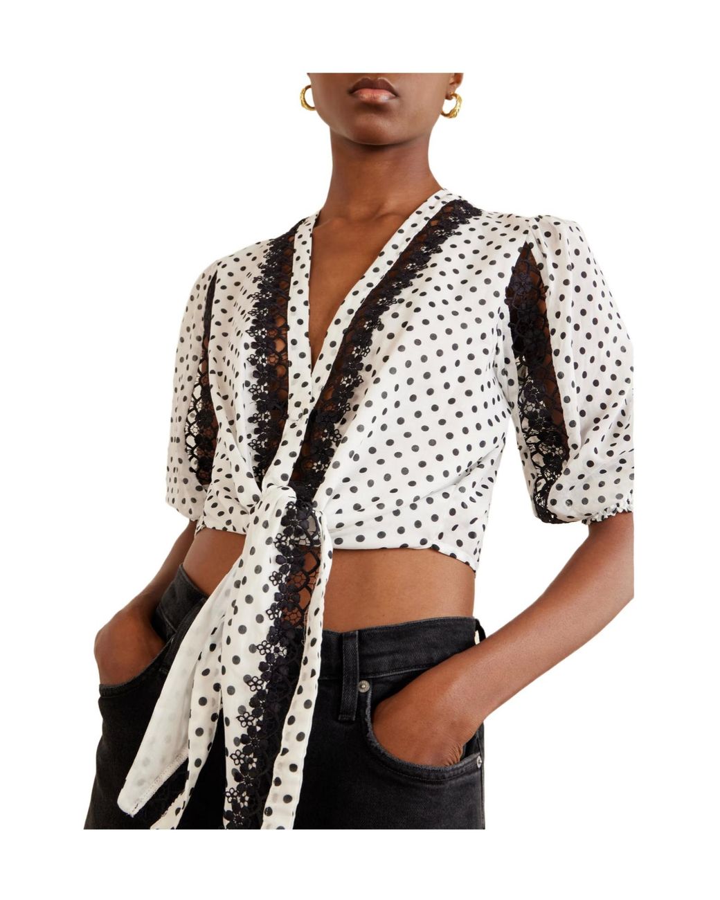 Charo Ruiz White Knotted Guipure Lace-Trimmed Polka-Dot Cotton-Blend Voile Blouse