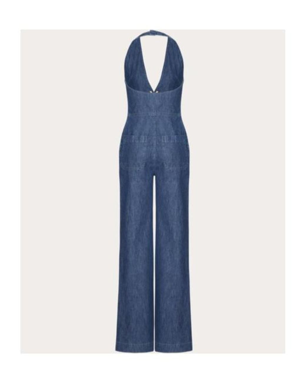 Valentino Blue Logo Plaque Chambray Sleeveless Jumpsuit