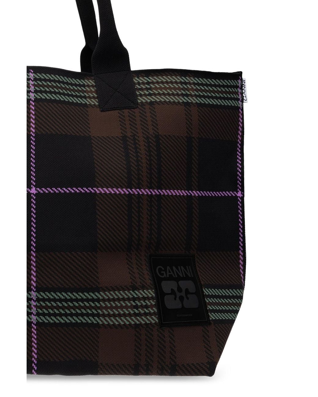 Ganni Black Checked Logo Patch Tote Bag