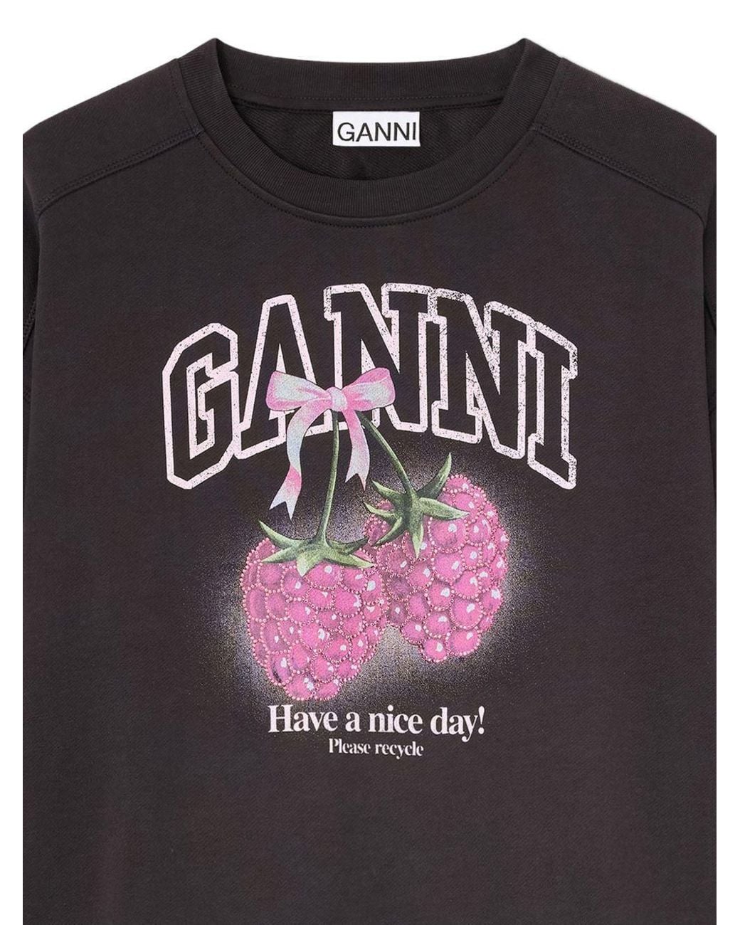 Ganni Black Raspberry-Print Crewneck Sweatshirt
