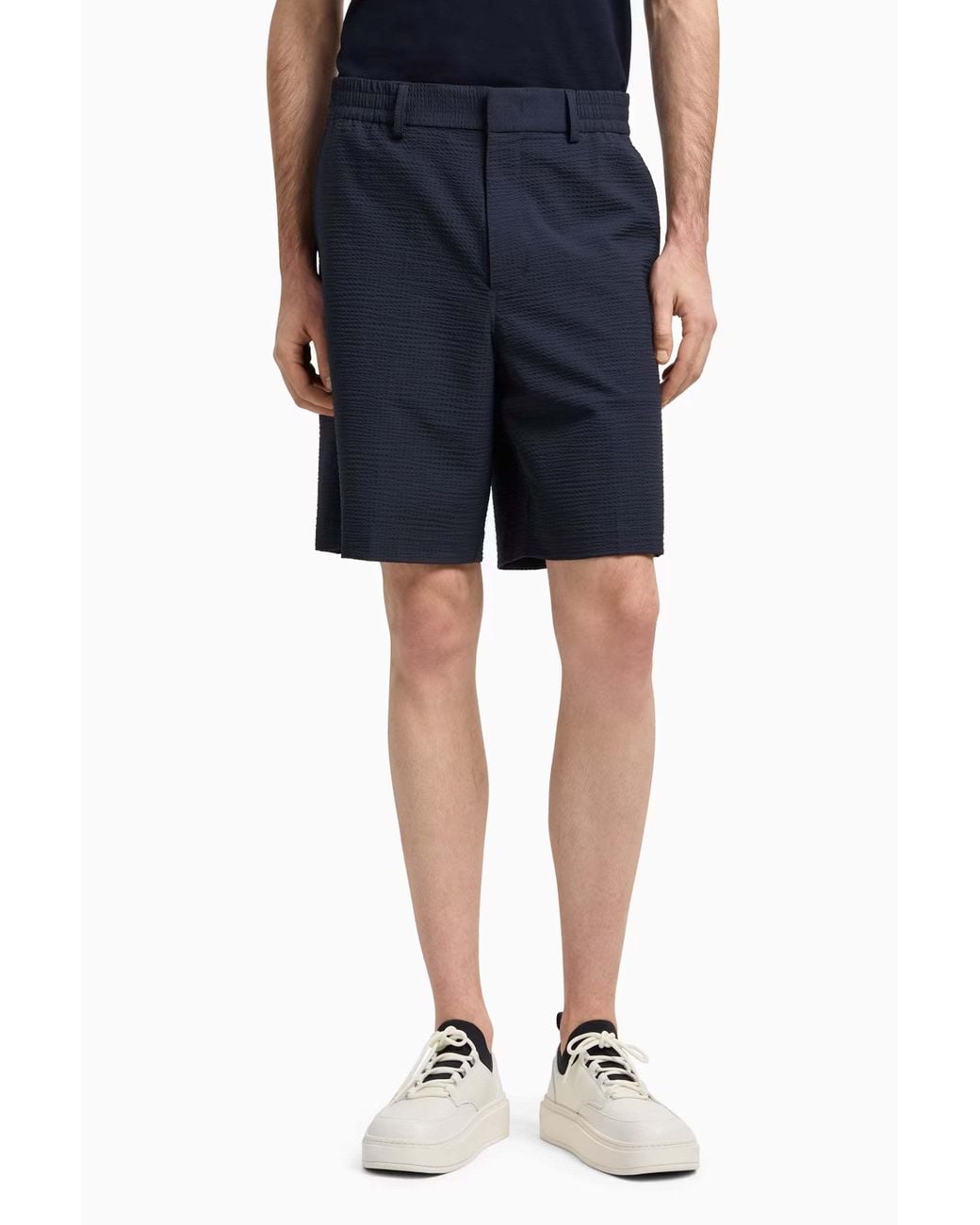 Emporio Armani Blue Seersucker Elastic-Waist Shorts for men