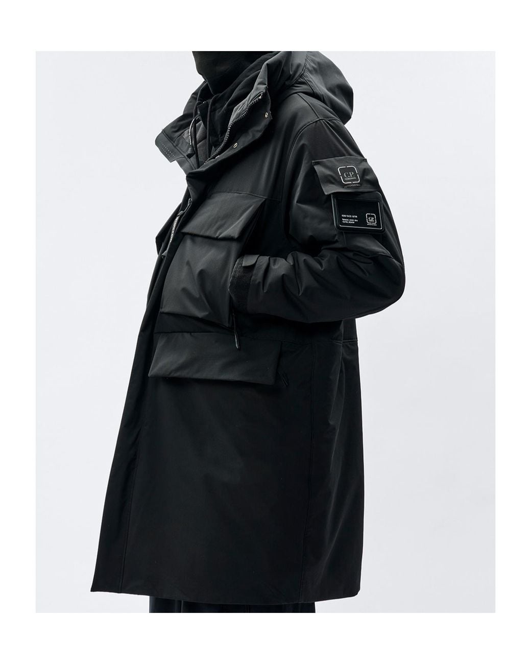 C P Company Black Long Hooded Coat for men