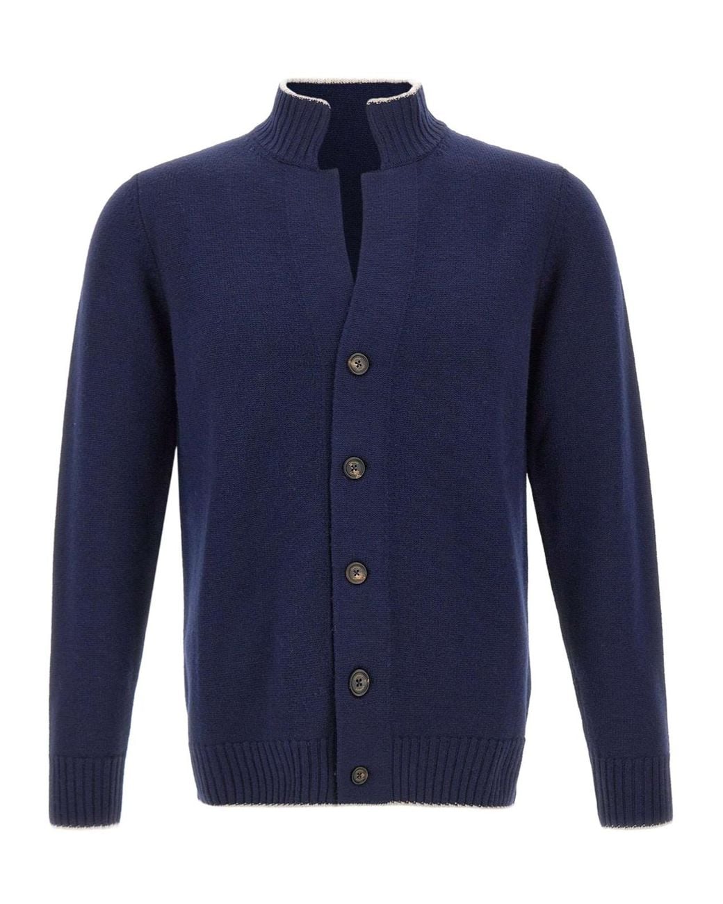 Eleventy Blue Ribbed Trim Button Cardigan for men