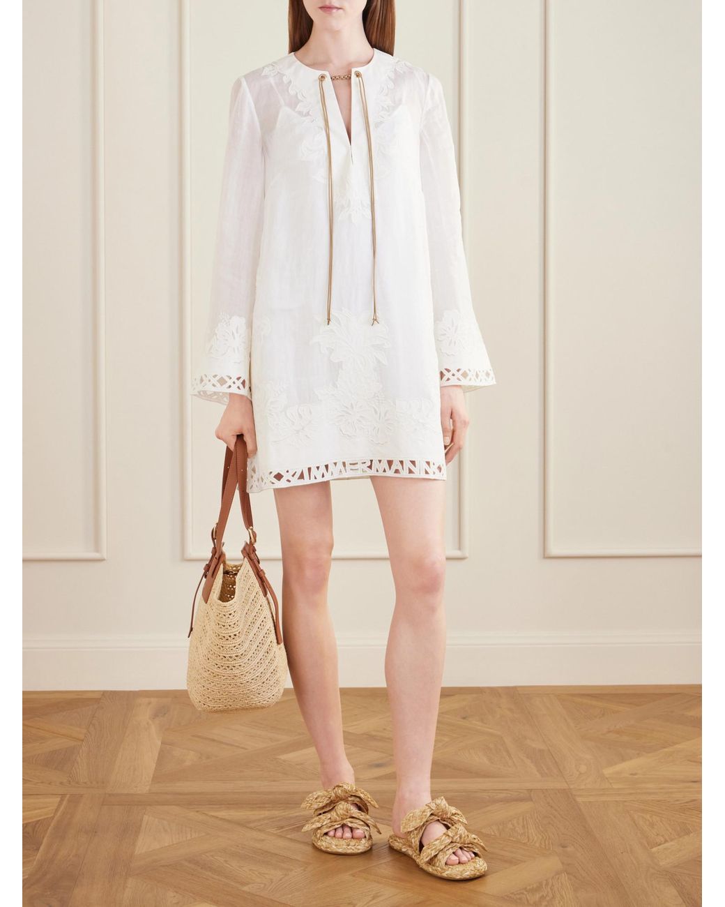 Zimmermann White Indra Belted Embroidered Ramie Mini Dress