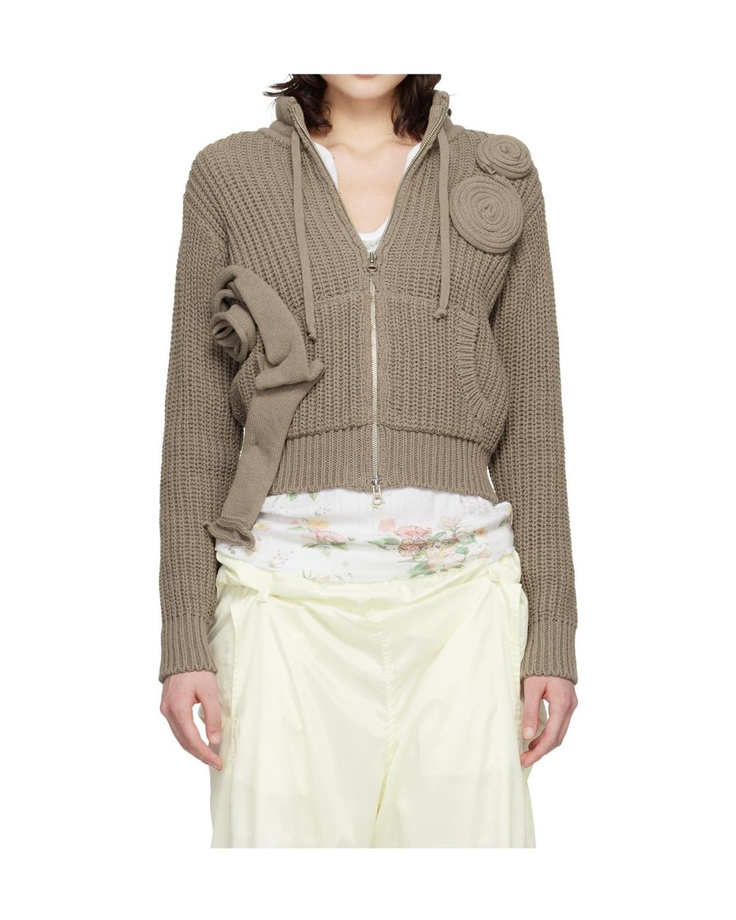 OPEN YY Natural Appliqué Knitted Zip-Up Sweater