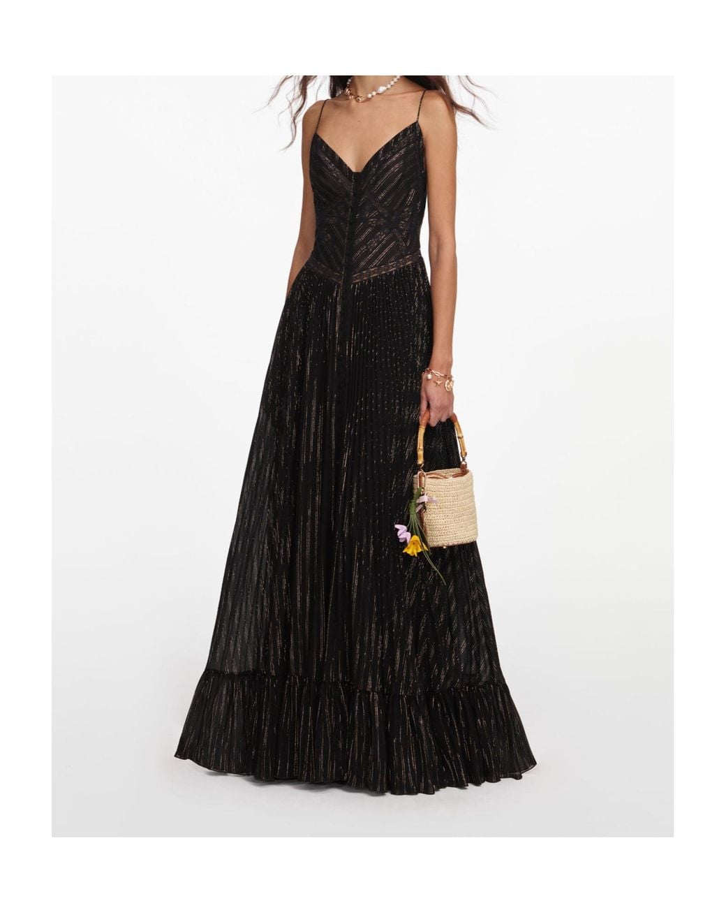 Self-Portrait Black Pleated Lace-Trim Maxi Dress