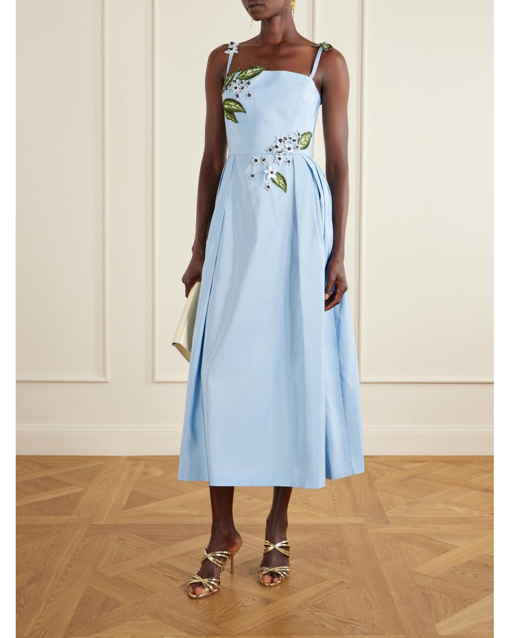 Oscar de la Renta Blue Floral-Embellished Silk Midi Dress