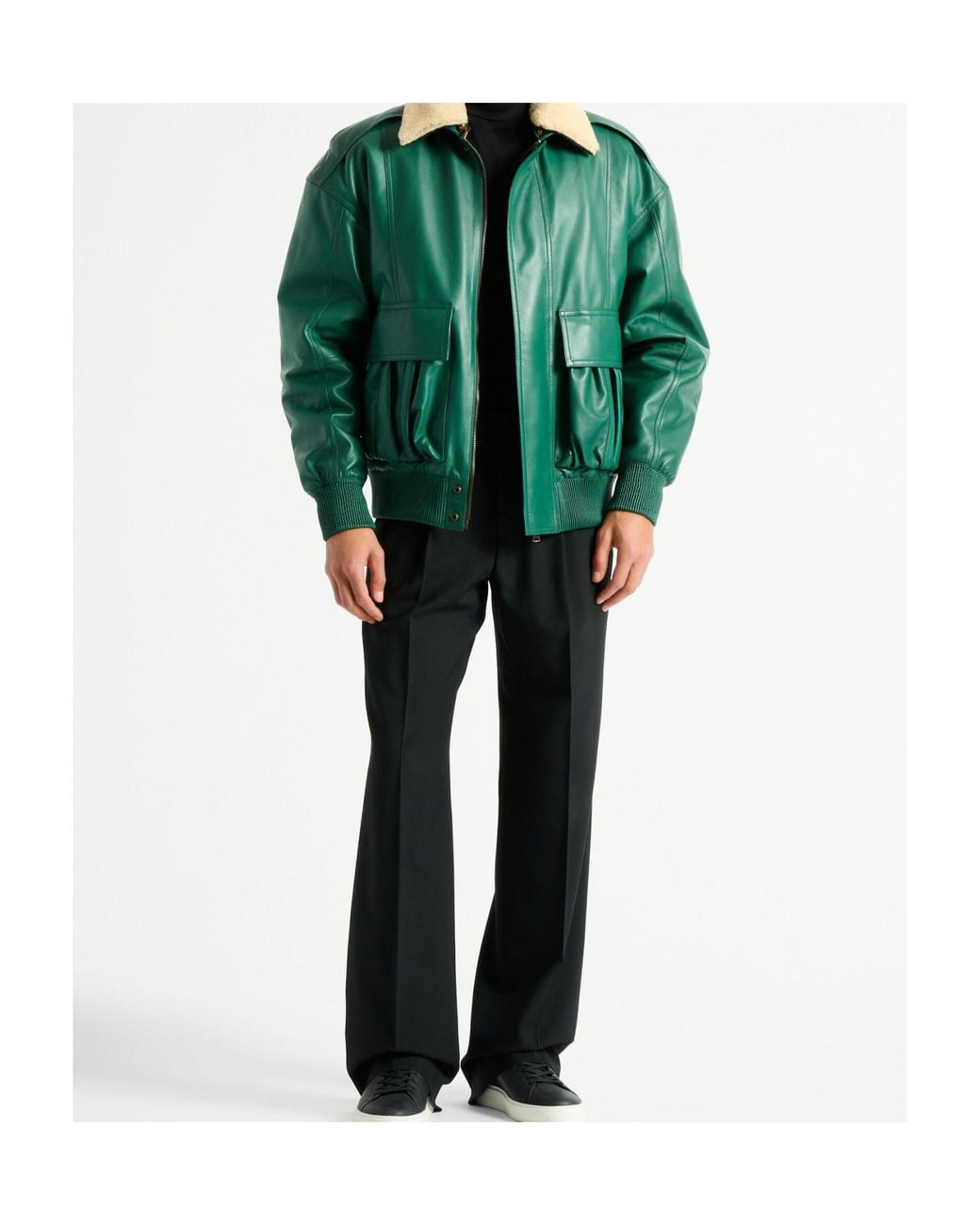 Balmain Green Shearling Leather Bomber Jacket for men
