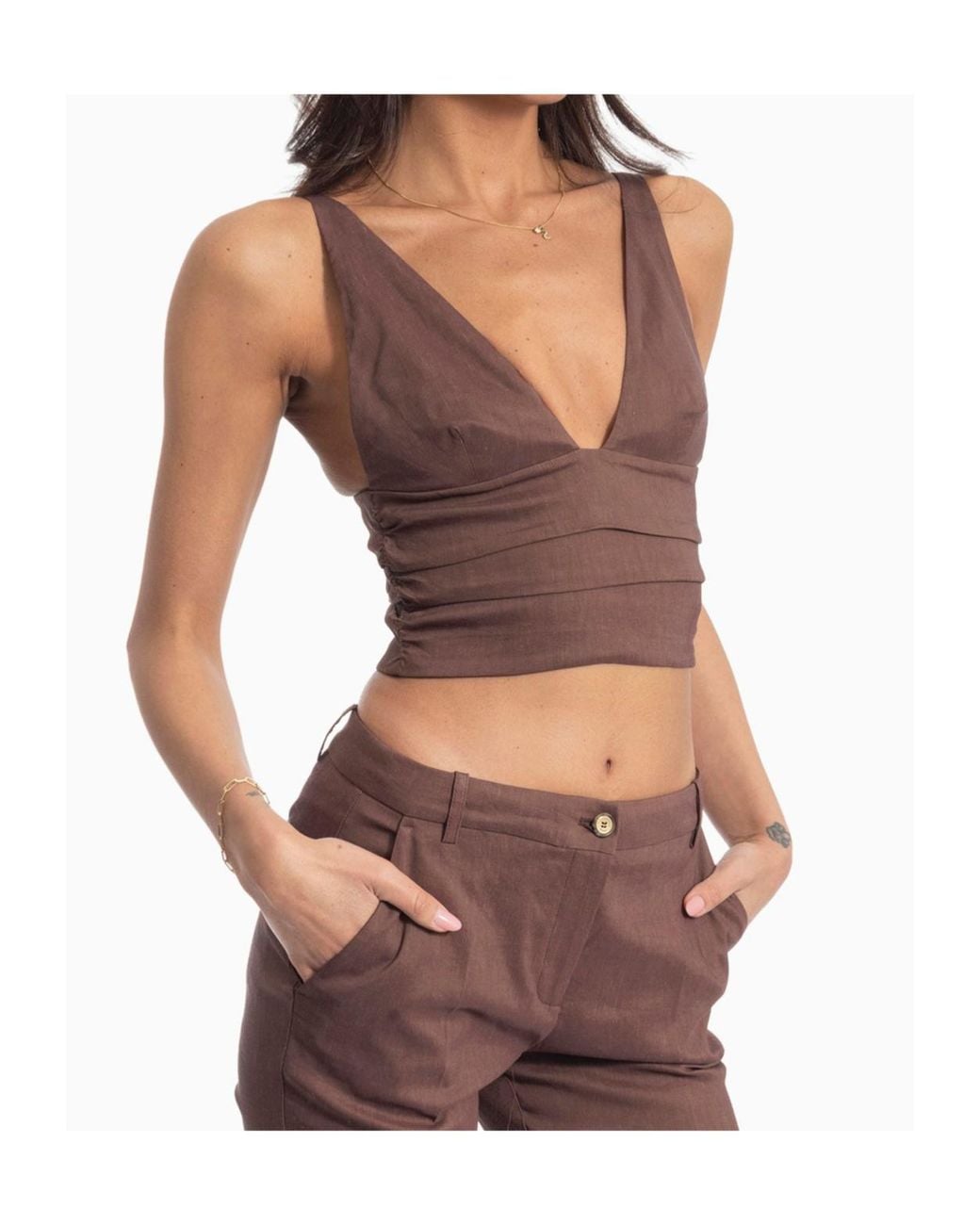 Pinko Brown V-Neck Cropped Top