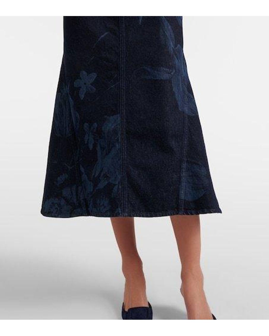 Erdem Blue Floral Flared Denim Midi Skirt