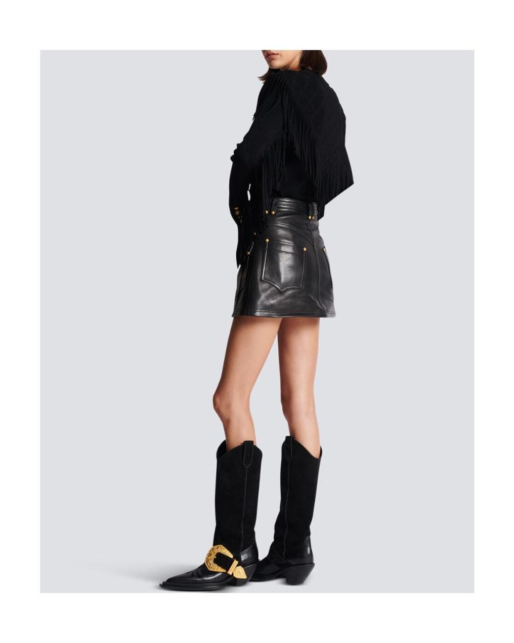 Balmain Black Western Leather A-Line Skirt