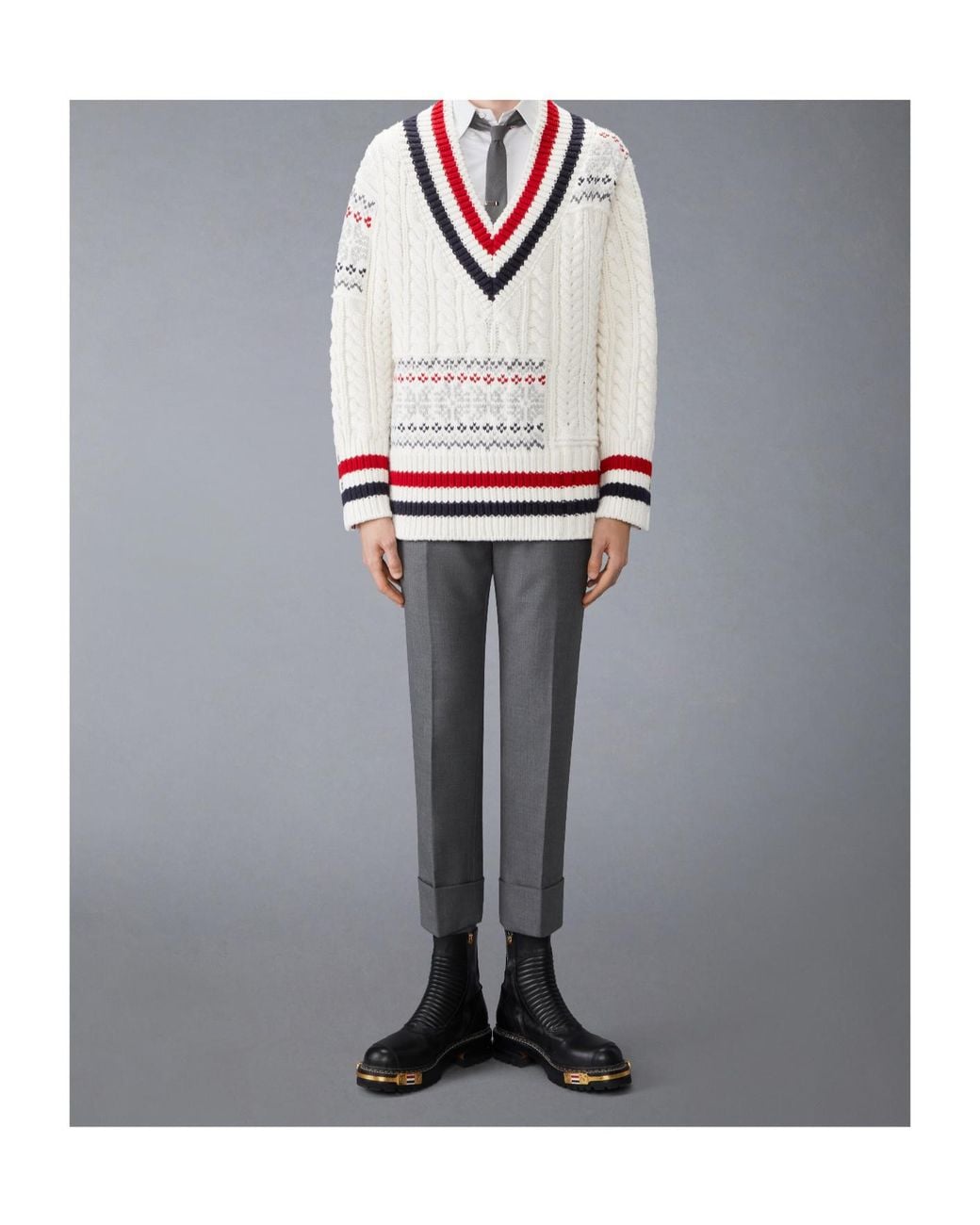 Thom Browne Gray Merino-Wool Fair Isle Cable-Knit Pullover for men
