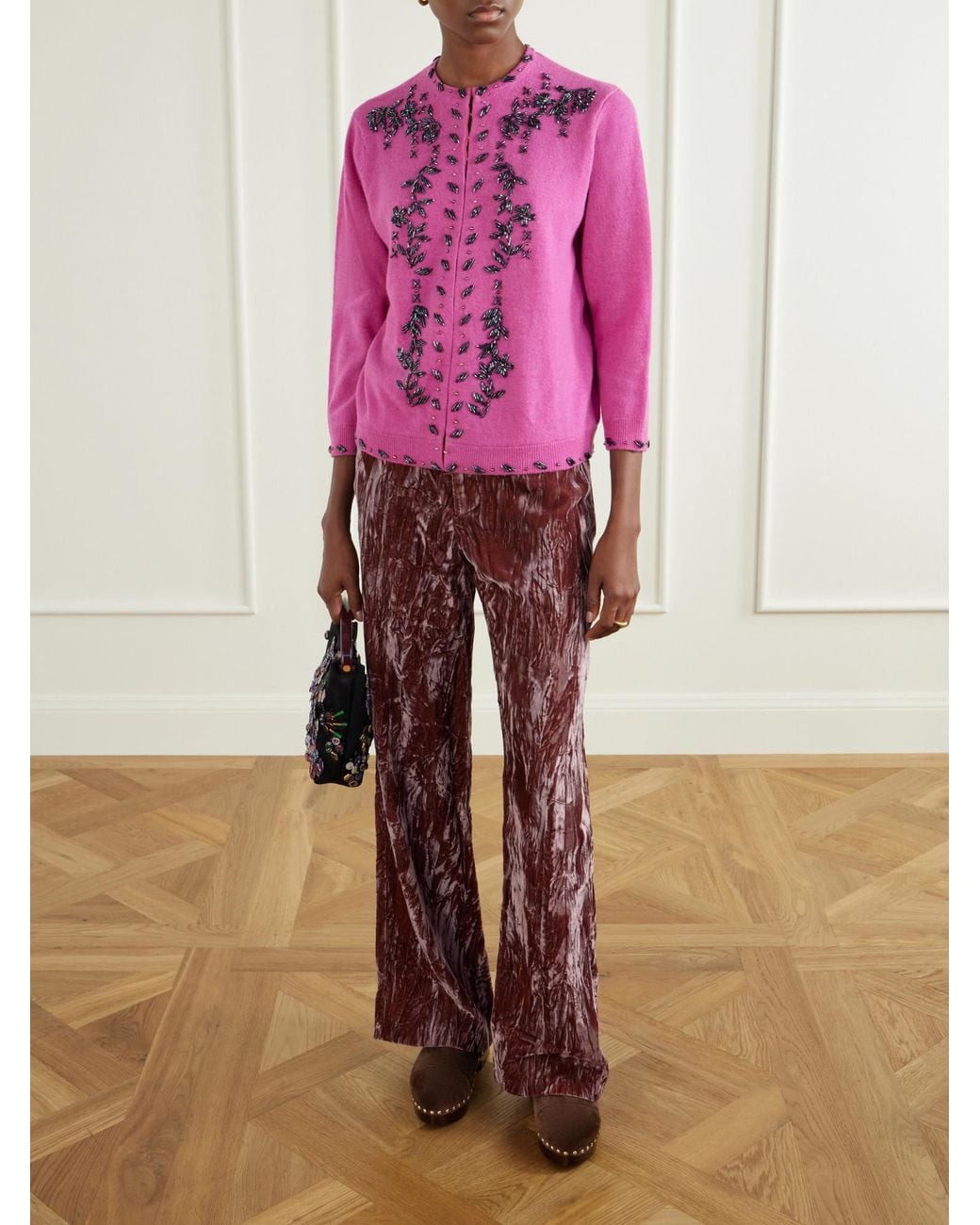 Anna Sui Pink Sequin-Embellished Wool-Blend Cardigan