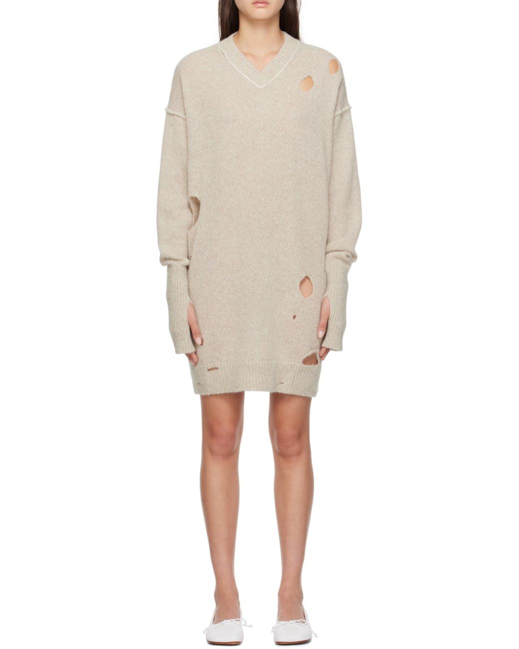 MM6 by Maison Margiela White Distressed Knitted Dress