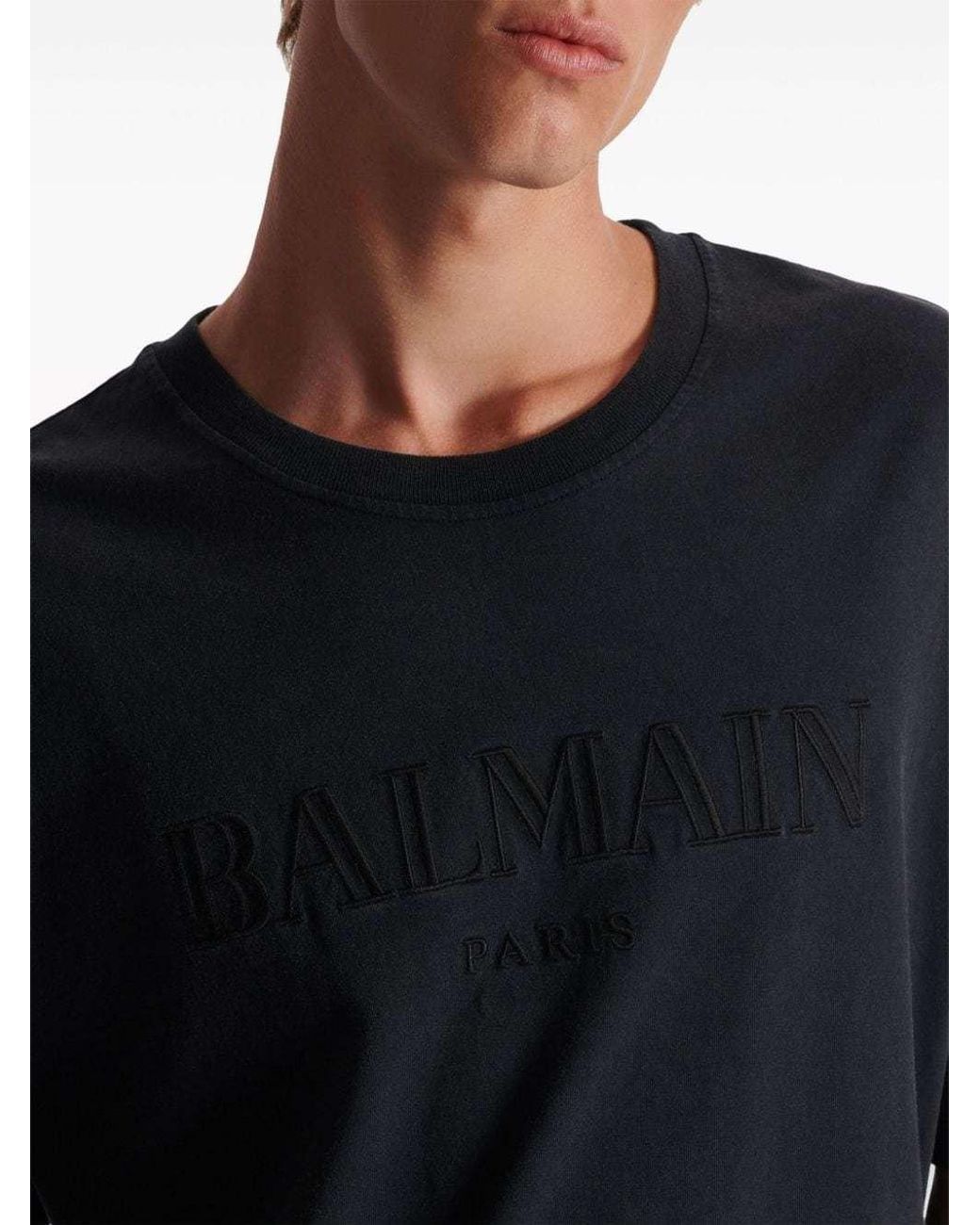 Balmain Black Logo Embroidered Crewneck T-Shirt for men