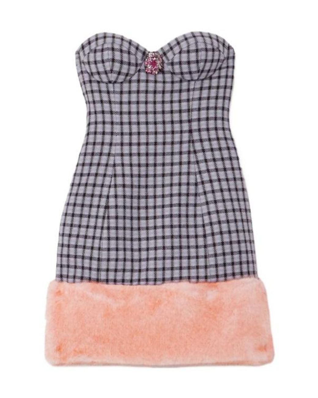 Area Multicolor Strapless Embellished Faux Fur-Trimmed Houndstooth Wool-Blend Mini Dress