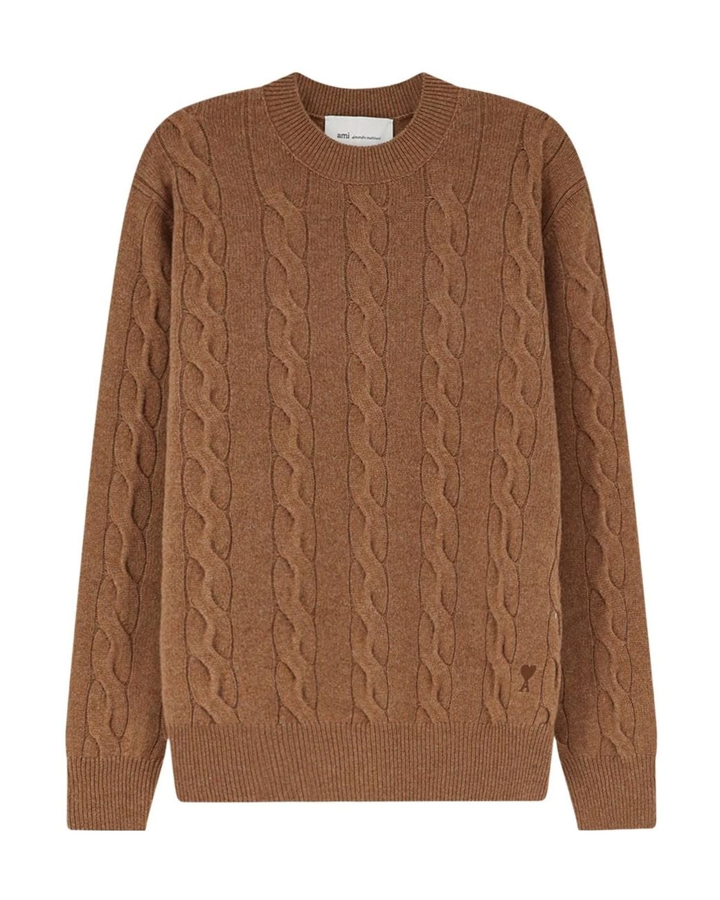 AMI Brown Ami Cable Knit Crew Neck Knitted Sweater for men