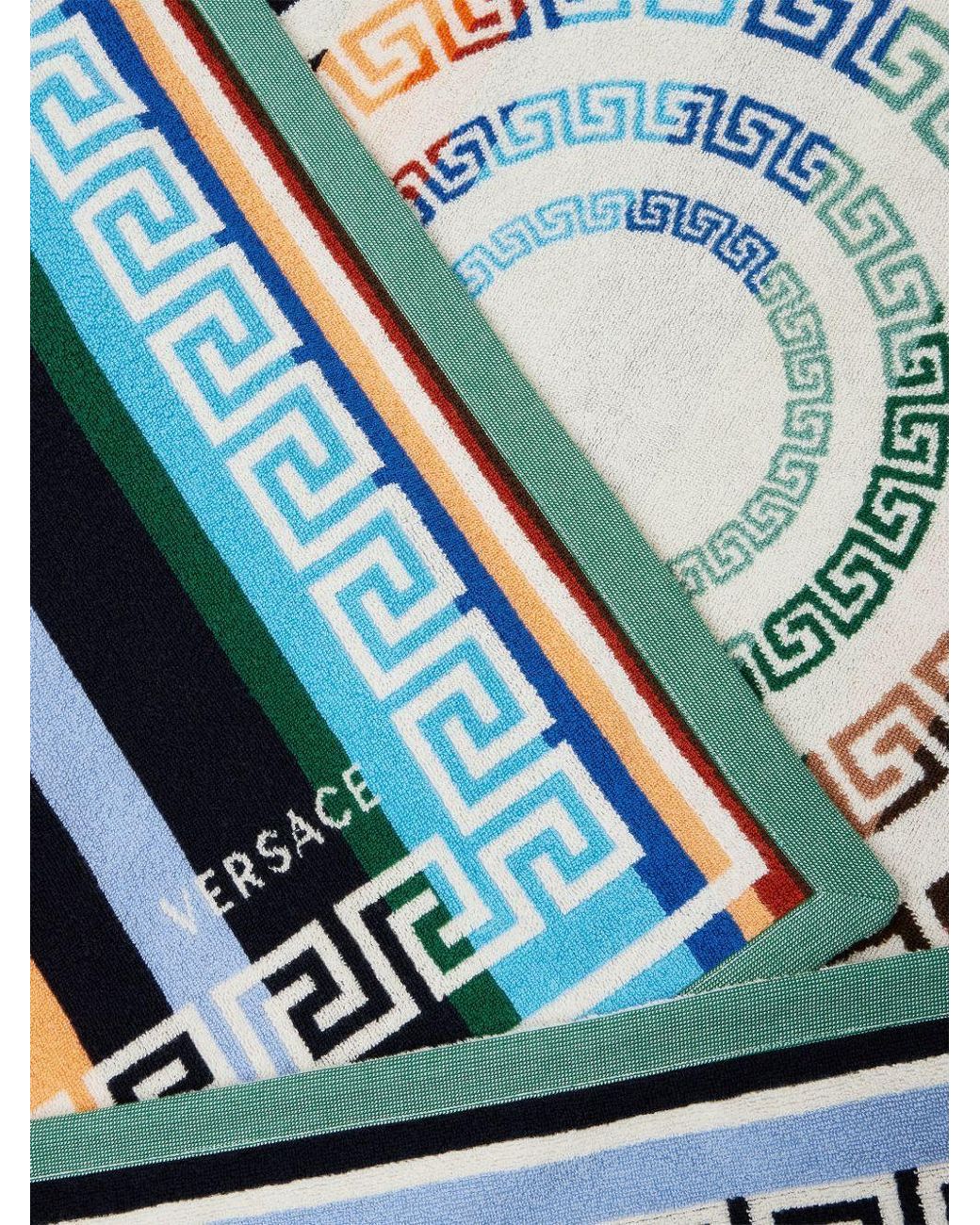 Versace Blue Striped Cotton-Terry Jacquard Bath Towel for men