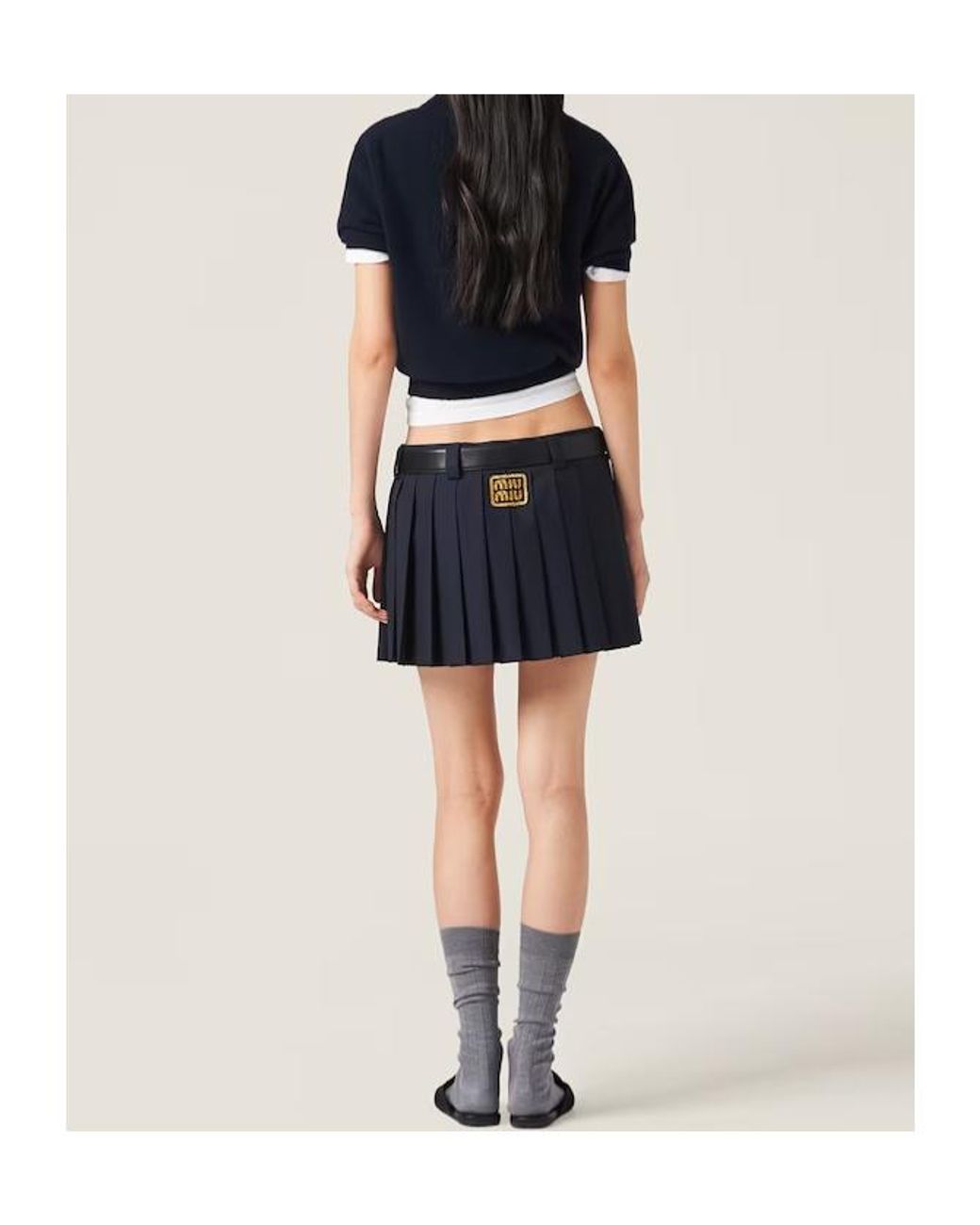Miu Miu Blue Logo-Patch Pleated Mini Skirt