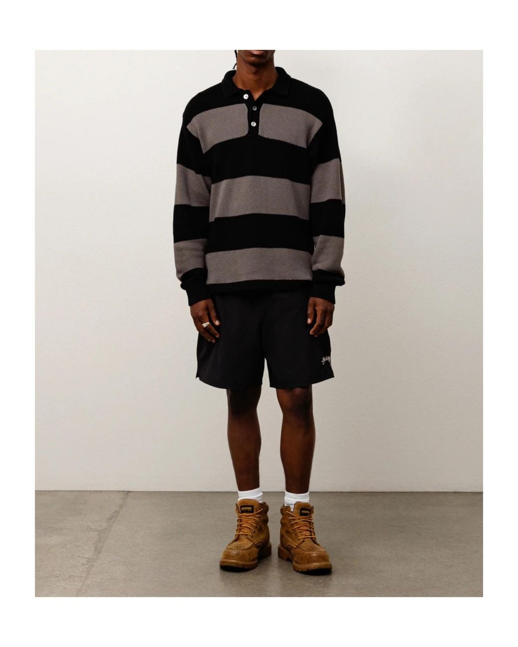 Stussy Black Pique Knit Stripe Rugby for men