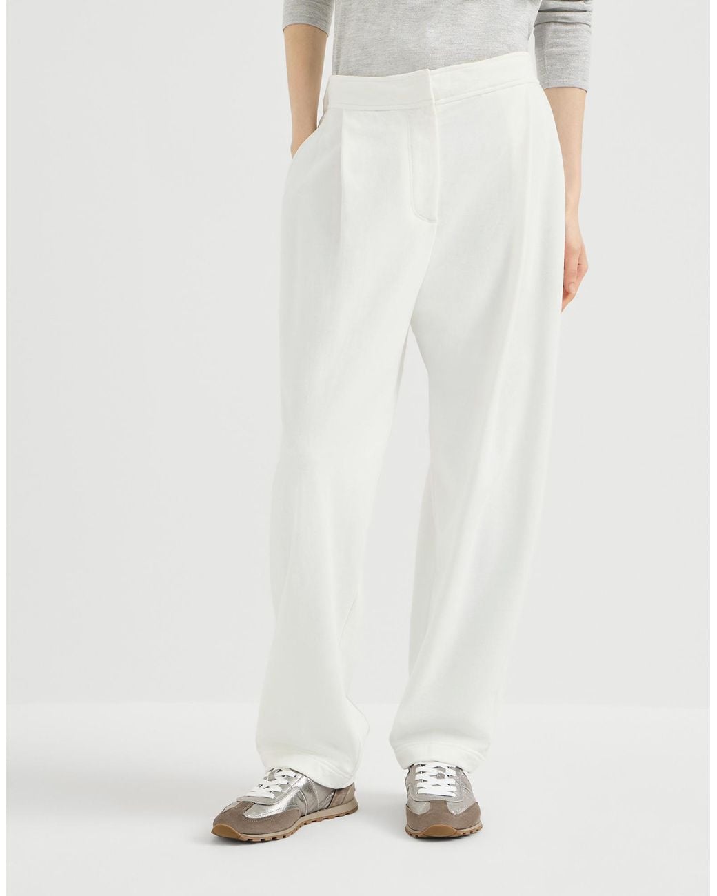 Brunello Cucinelli White Cotton Smooth French Terry Pleated Track Trousers