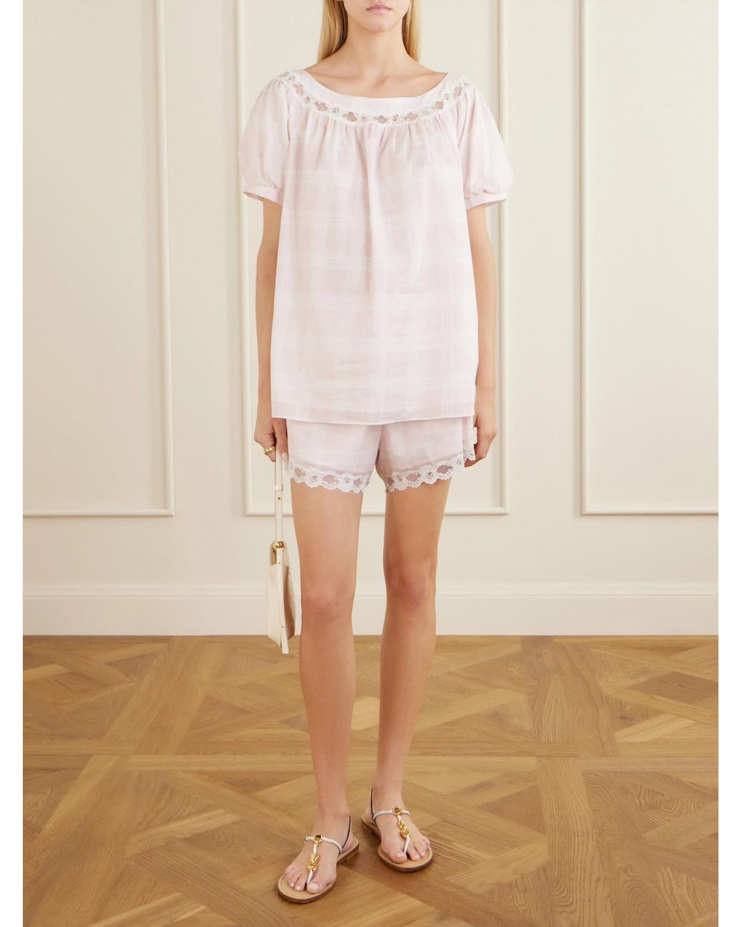 Posse White Lace-Trimmed Checked Cotton Blouse