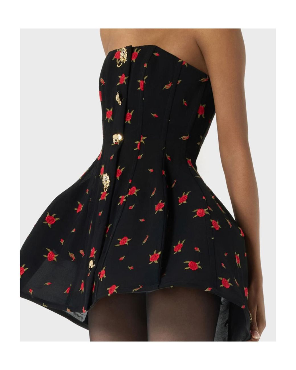 Blumarine Black Short Dress With Rose Embroidery And Bejewelled Buttons