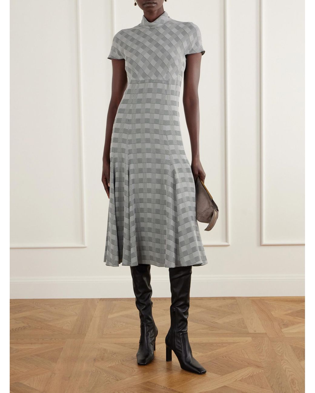 Emilia Wickstead Gray Thea Prince Of Wales Checked Woven Turtleneck Midi Dress