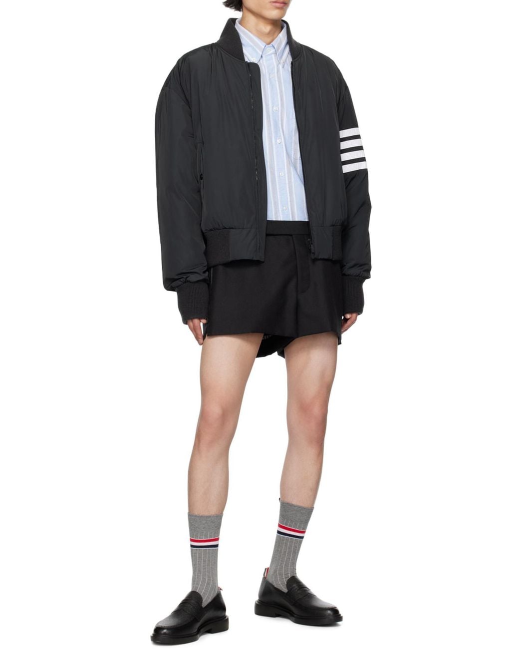 Thom Browne Black Bar Stripe Zipped Bomber Jacket for men