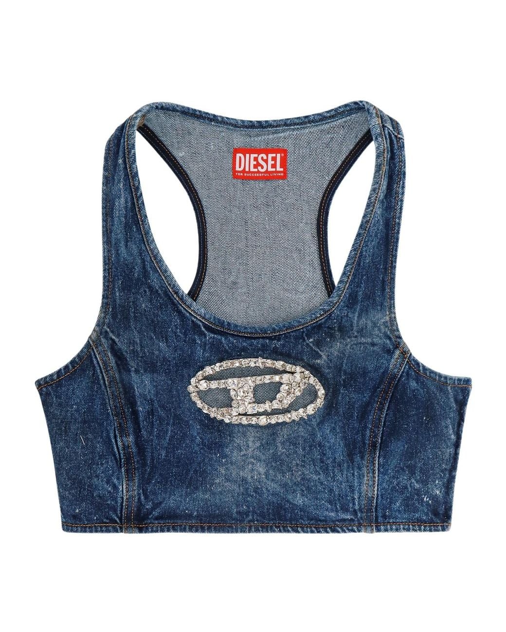 DIESEL Blue Oval-D Logo Embellished Cropped Top