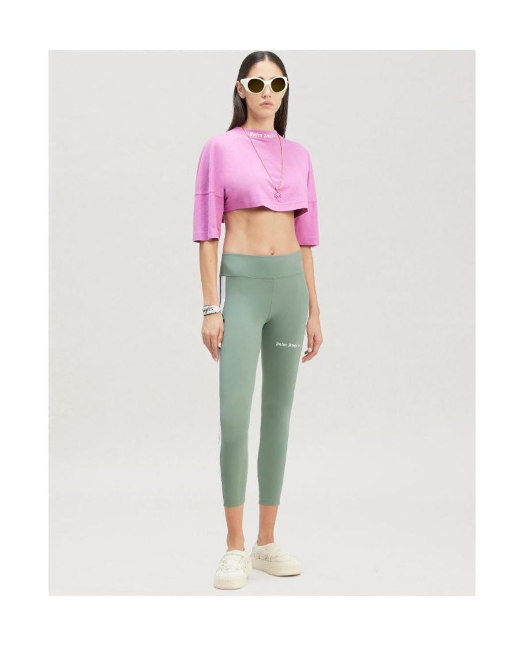 Palm Angels Green Logo Printed Mid-Rise Leggings