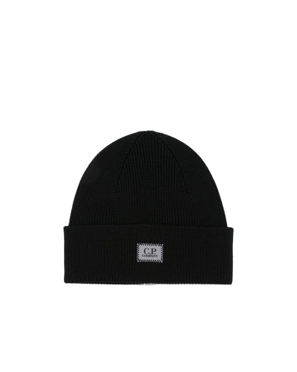 C P Company Black Logo-Patch Ribbed-Knit Beanie Hat for men