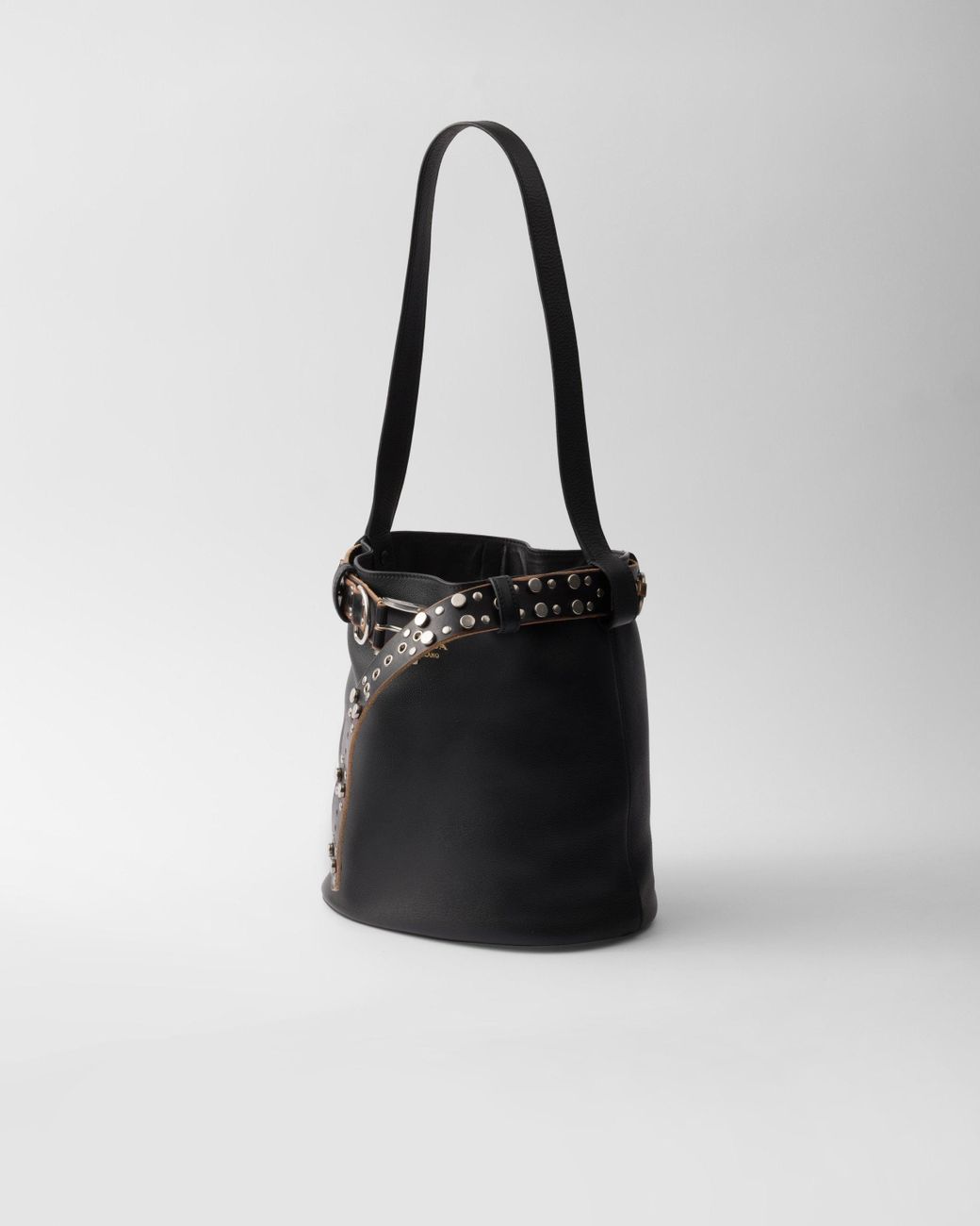Prada Black Stud-Embellished Belt Bucket Bag