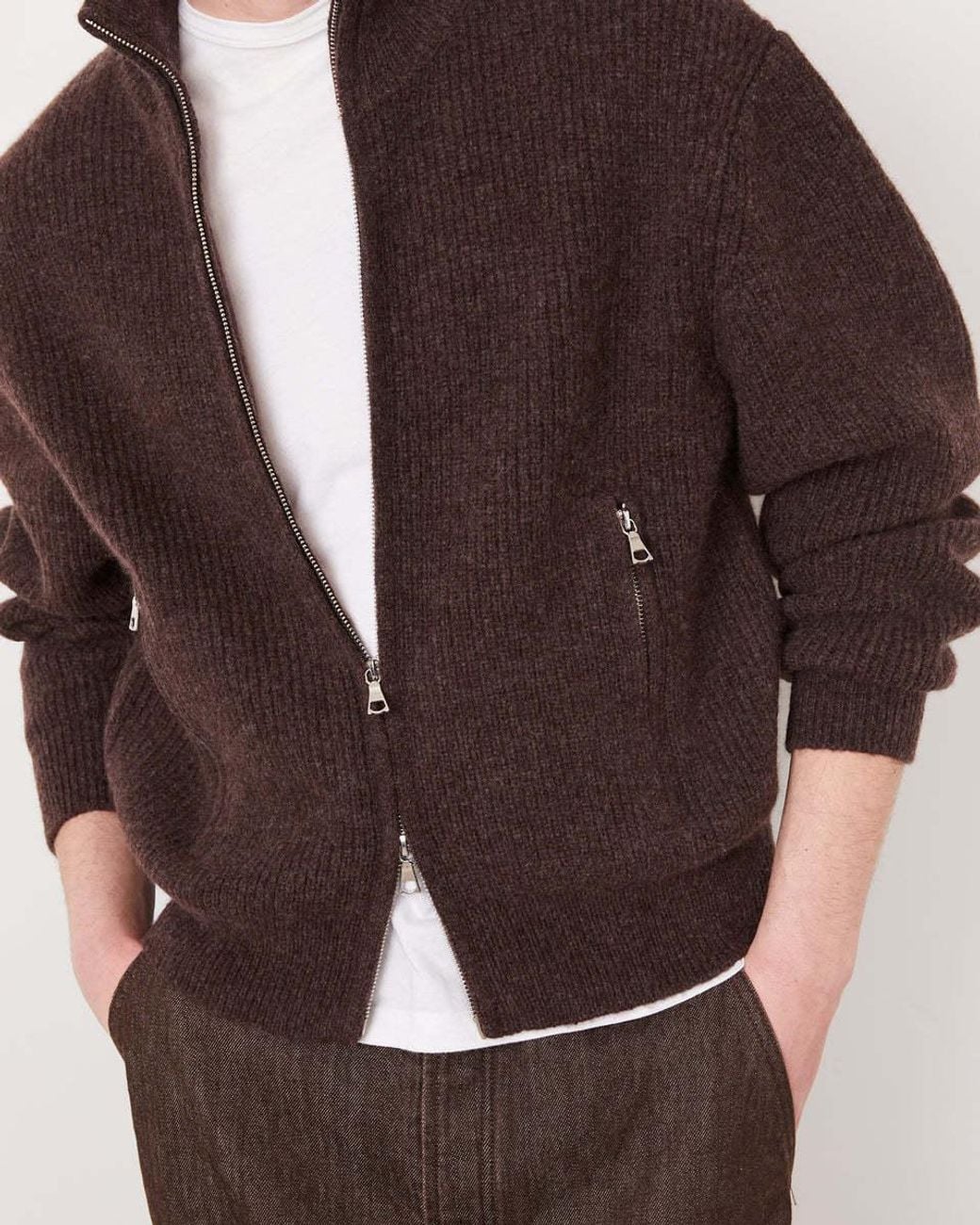 Officine Generale Brown Zip-Up Ribbed Knit Cardigan for men