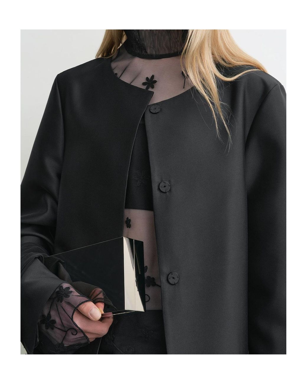 Totême Black Collarless Silk Coat