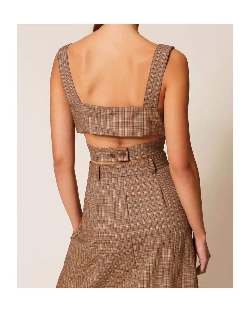 Twinset Brown Plaid-Pattern Cropped Blouse