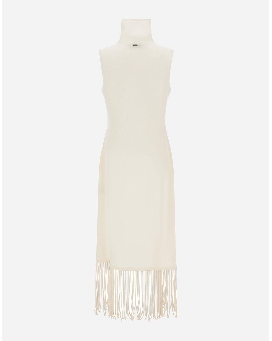 Herno White Fringed Sleeveless Knitted Dress