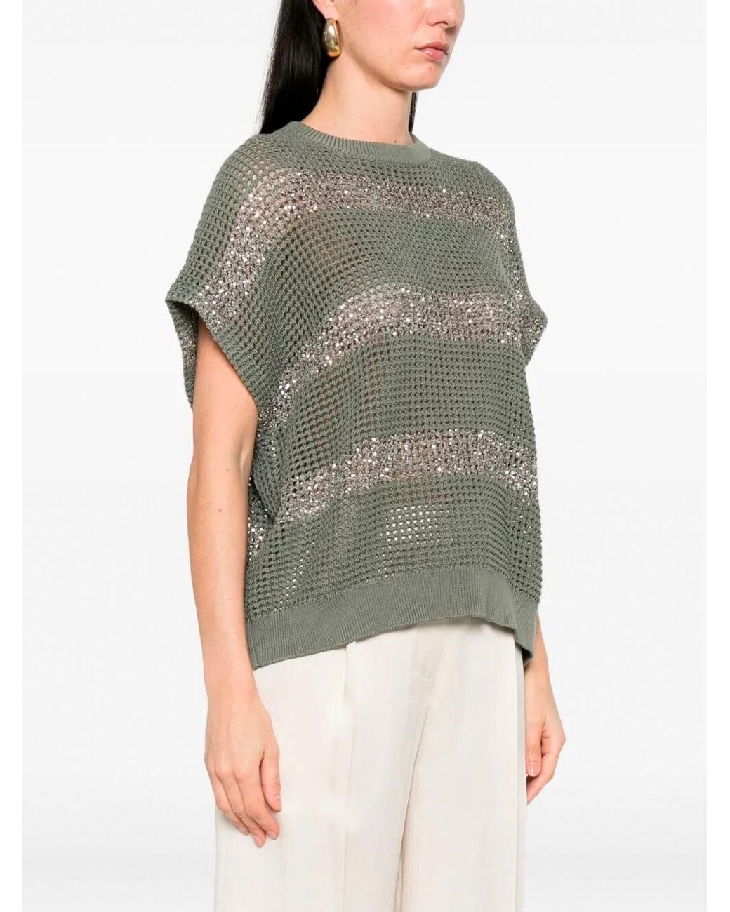 Brunello Cucinelli Gray Khaki Cotton Net Knit Sweater With Dazzling Stripes