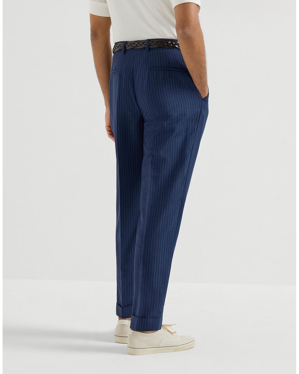 Brunello Cucinelli Blue Wool And Mohair Pinstripe Fresco Trousers With Pleat for men