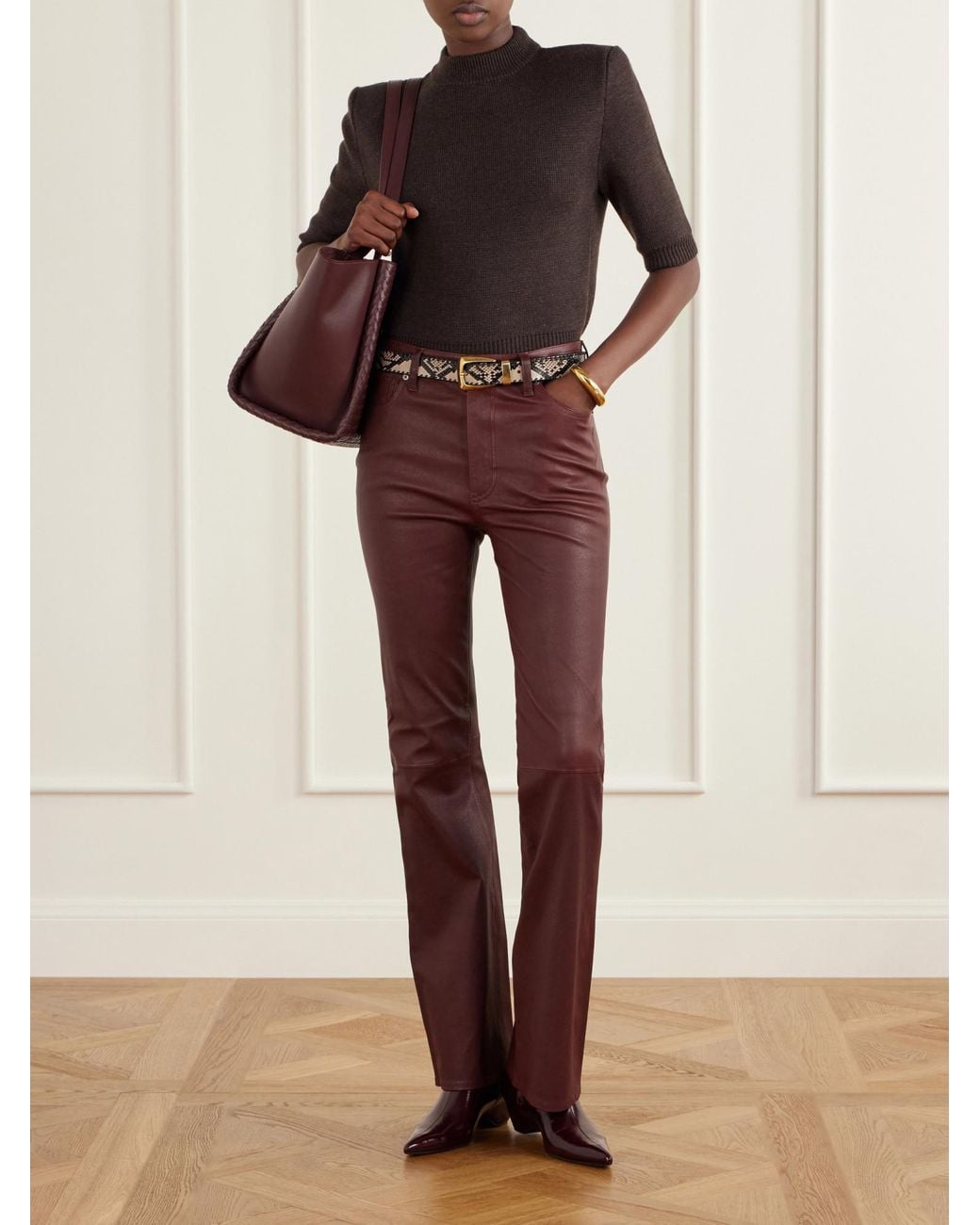 FRAME Purple High-Waisted Slim-Fit Lambskin Pants
