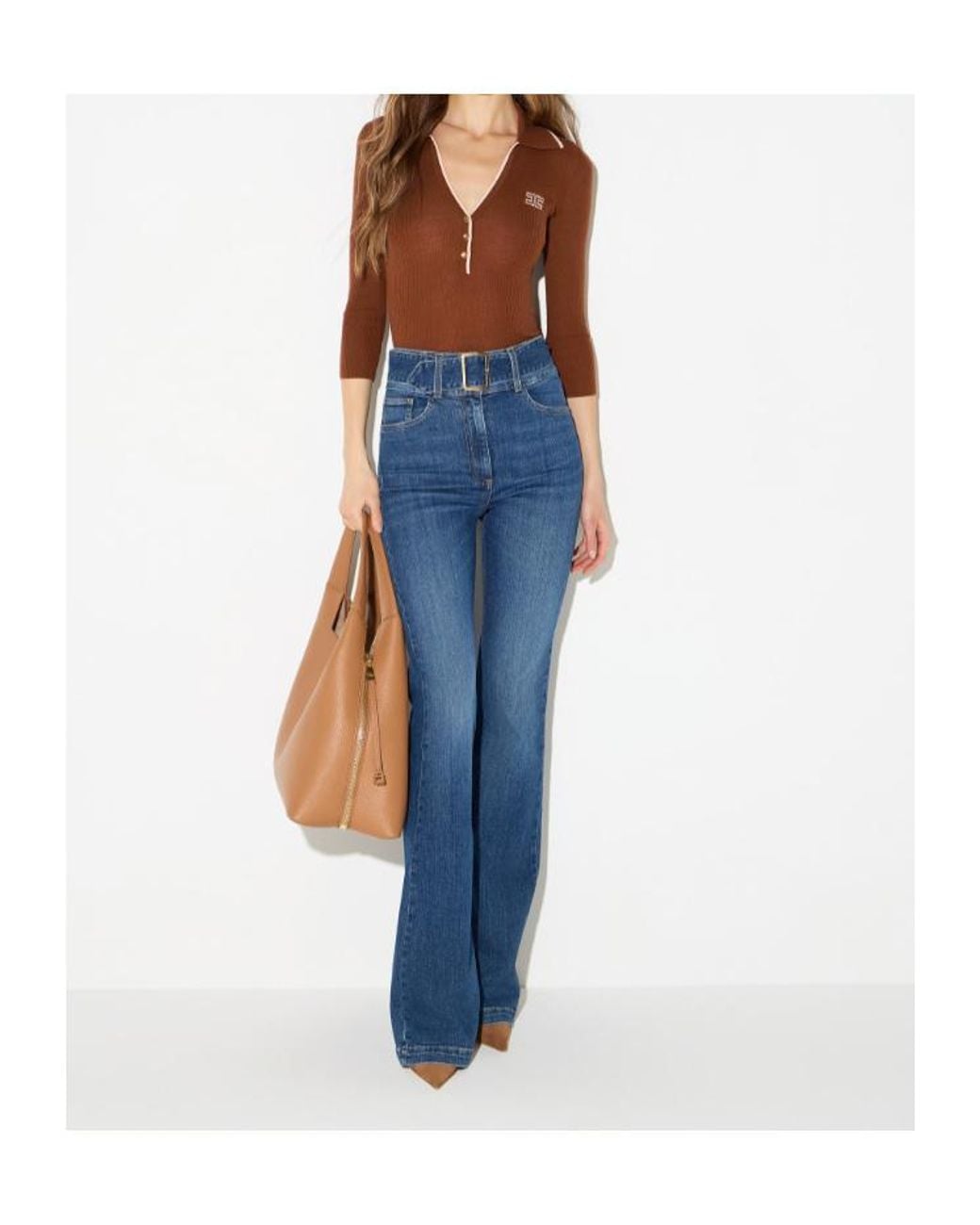 Elisabetta Franchi Brown Logo Knit Polo Top