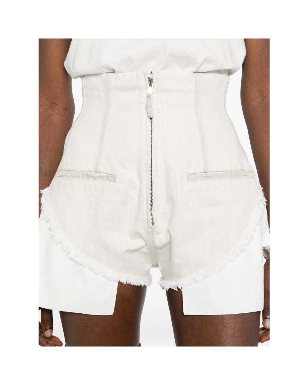 Rick Owens White Frayed Hem Zipped Shorts