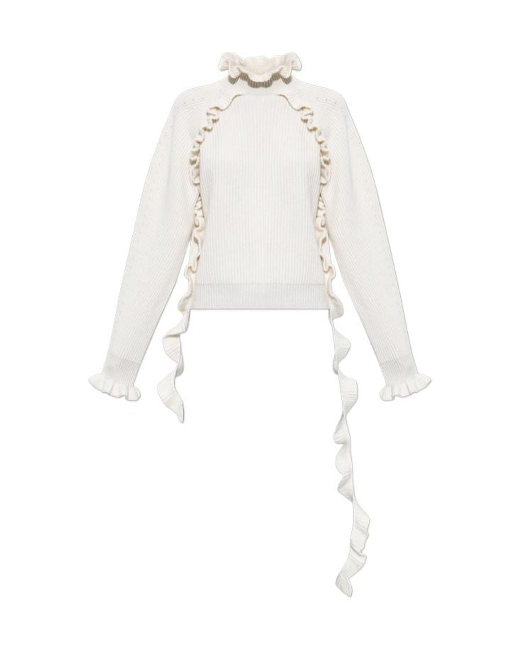Blumarine White Ruffled High-Neck Knitted Sweater