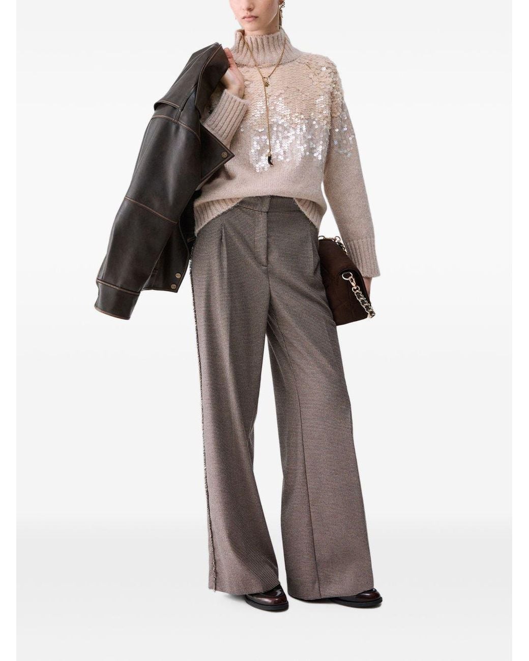 Liu Jo Gray Frayed Houndstooth Wide-Leg Pants