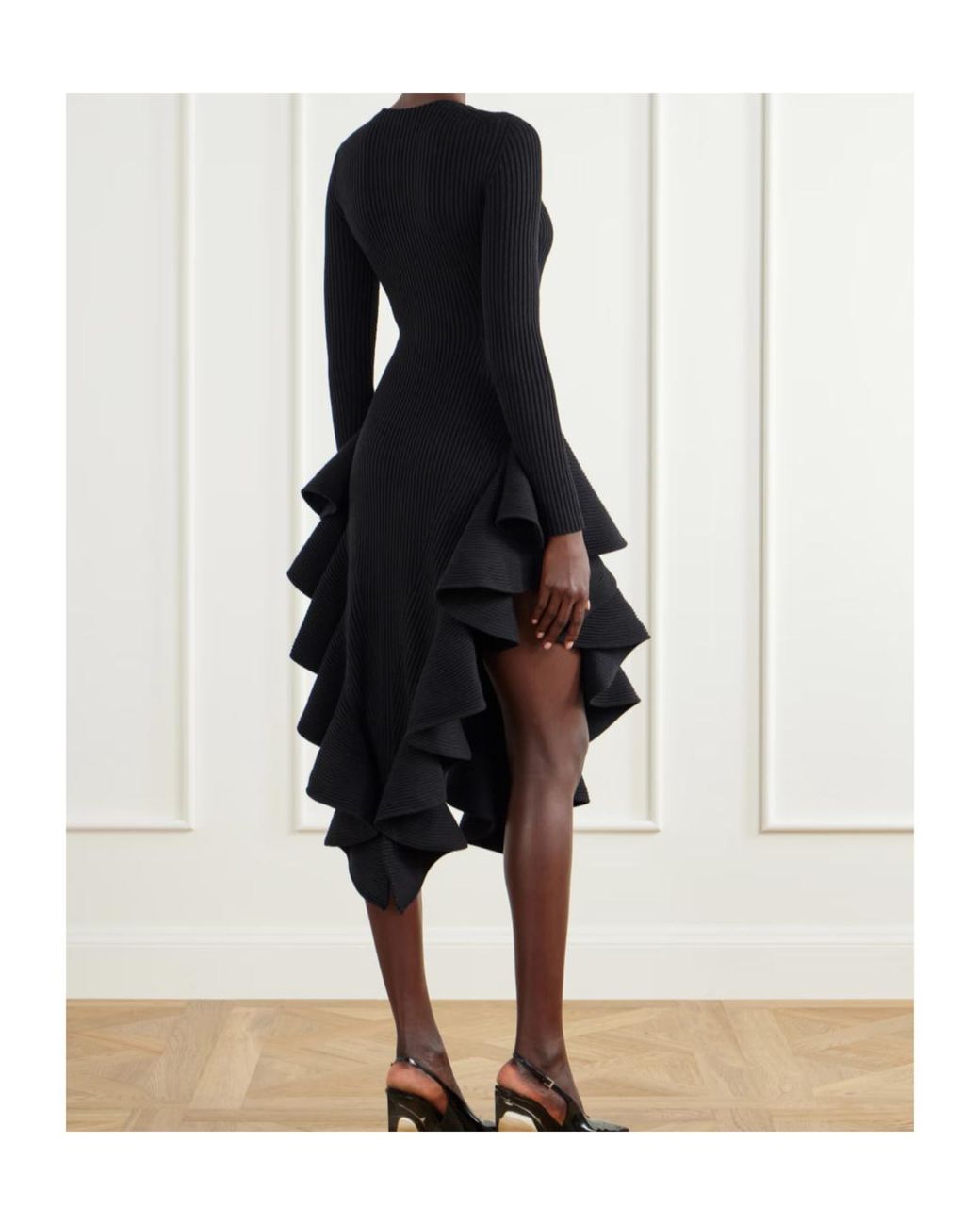 Alaïa Black Ruffled Ribbed Wool-Blend Midi Dress