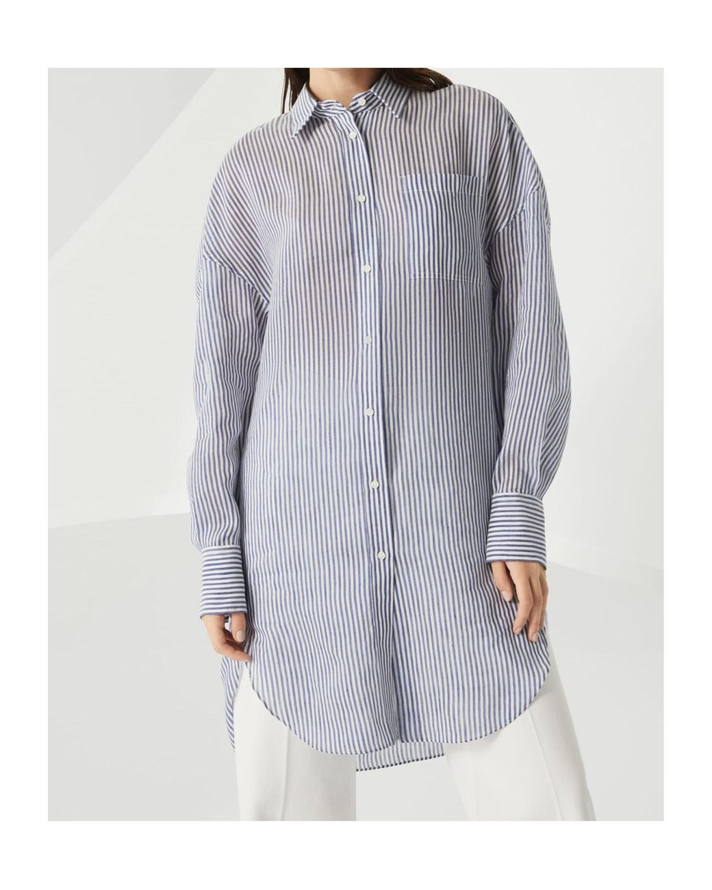 Brunello Cucinelli Blue Monili-Trim Striped Long Shirt